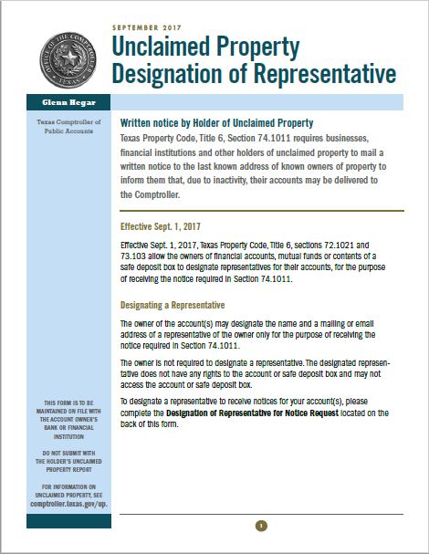 Designation of Representative for Notice (Texas Residents Only)